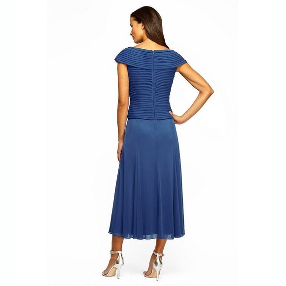 New! ALEX EVENINGS Pleated Bodice Rhinestone Brooch Blue Midi Dress Size 12 - Picture 3 of 3